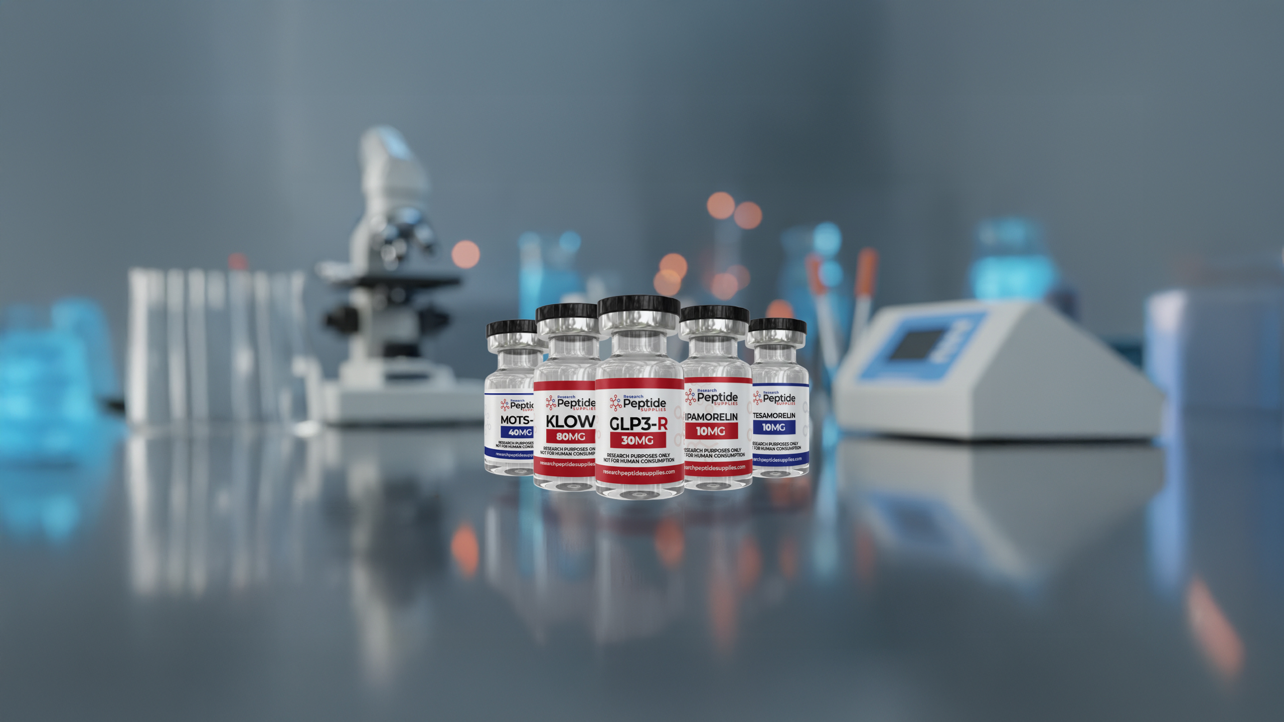 Research peptide vials in the laboratory